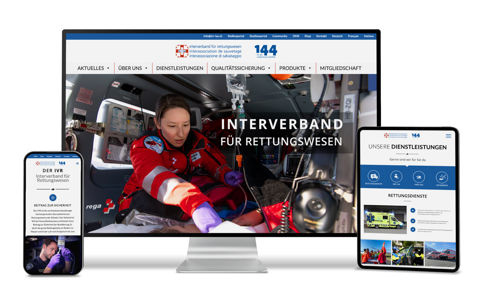 Website auf Desktop, Tablet und Smartphone mit Rettungsdienst im Helikopter.