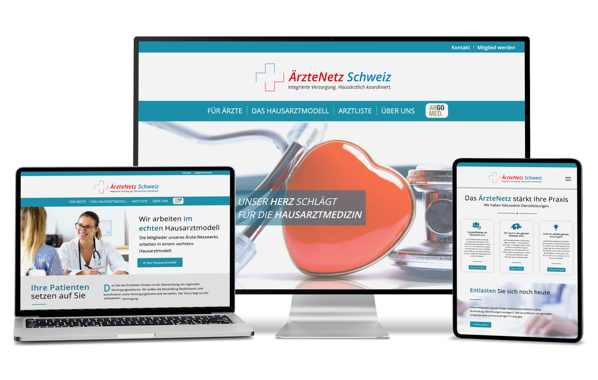 ÄrzteNetz Schweiz Website auf Laptop, Desktop und Tablet mit Herz und Stethoskop.