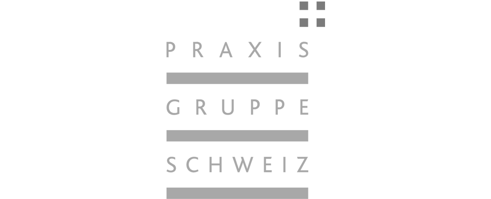 Logo mit drei grauen Quadraten und dem Schriftzug "PRAXIS GRUPPE SCHWEIZ" in vertikaler Anordnung.