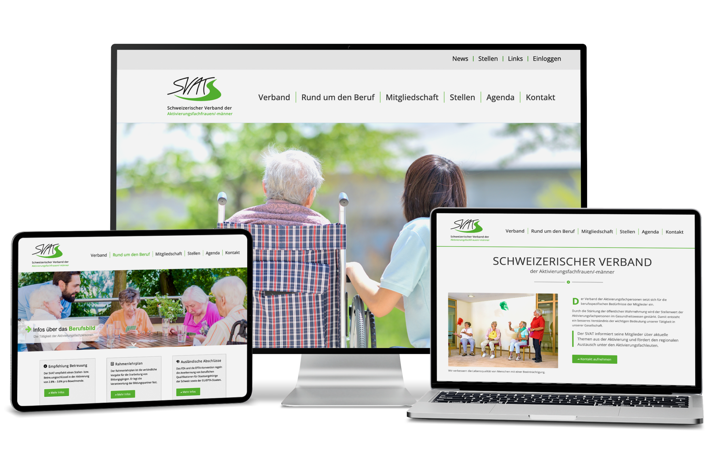 Drei digitale Bildschirme zeigen die Homepage und Bilder des Schweizerischen Verbandes für Pflegende Angehörige.